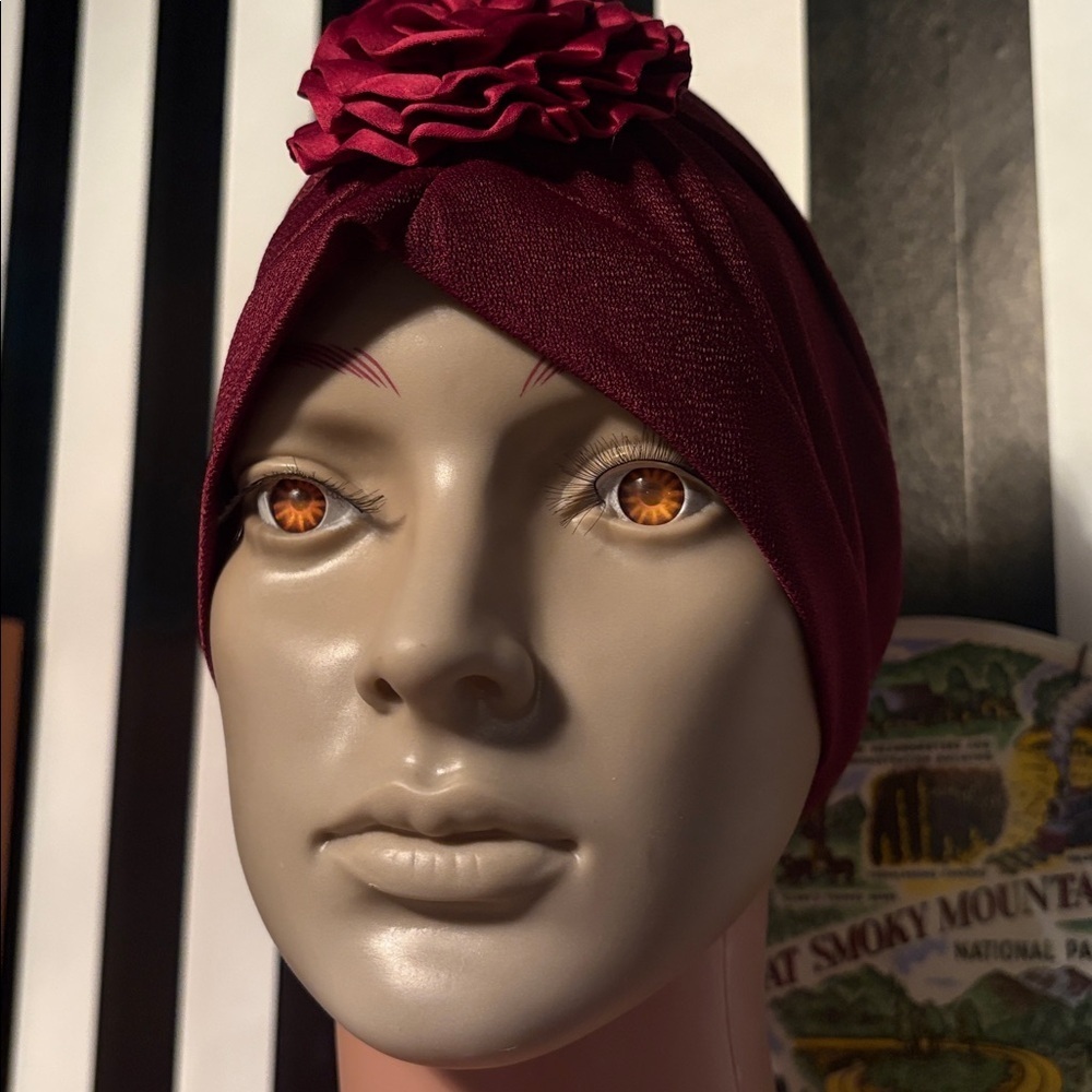 Vintage 1970s Burgundy Turban with Floral Accent - Picture 11 of 15